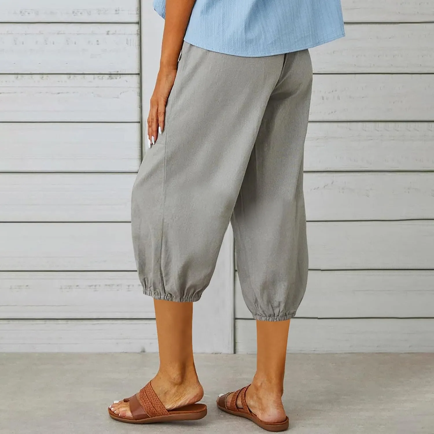 Capri Pants for Women Bottom Button Cropped Linen Pants Drawstring Elastic Waist High Waist Wide Leg Trouser