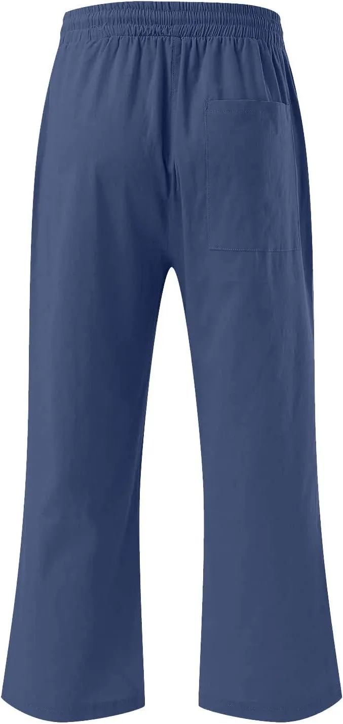 Capri Pants for Women Casual 2024 Summer Drawstring Elastic High Waist Linen Pant Straight Wide Leg Cropped Trouser