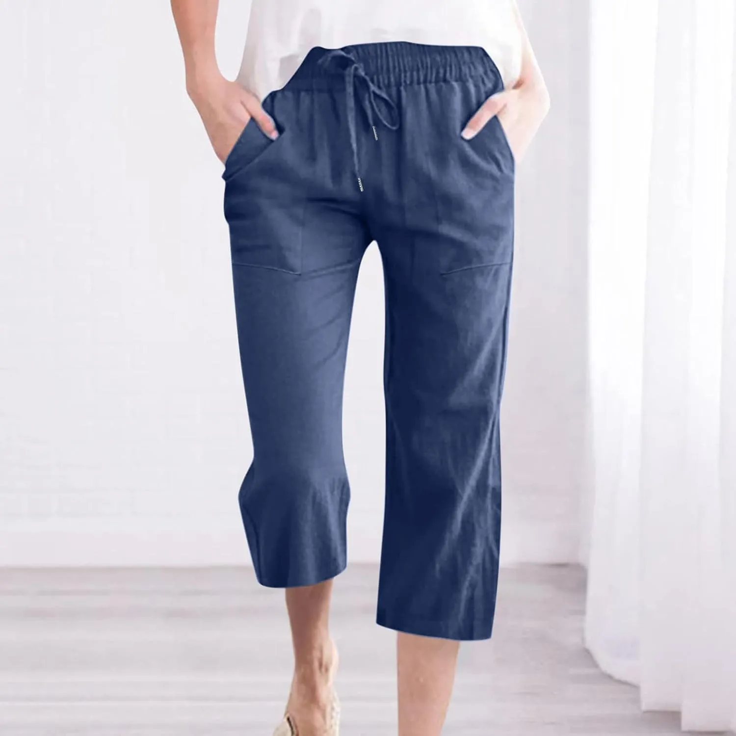 Capri Pants for Women Casual 2024 Summer Drawstring Elastic High Waist Linen Pant Straight Wide Leg Cropped Trouser