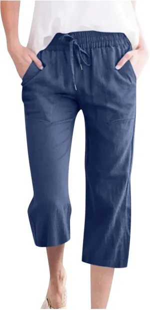 Capri Pants for Women Casual 2024 Summer Drawstring Elastic High Waist Linen Pant Straight Wide Leg Cropped Trouser