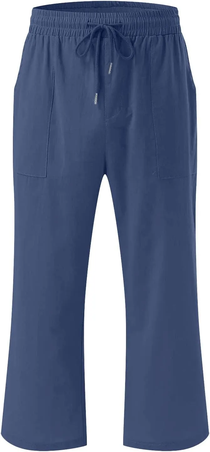 Capri Pants for Women Casual 2024 Summer Drawstring Elastic High Waist Linen Pant Straight Wide Leg Cropped Trouser