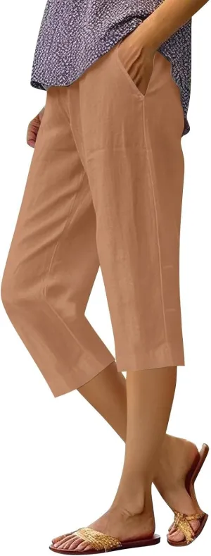 Capri Pants for Women Casual Summer Cotton Linen Pants Capris Elastic High Waist Pants Straight Leg Cropped Trouser