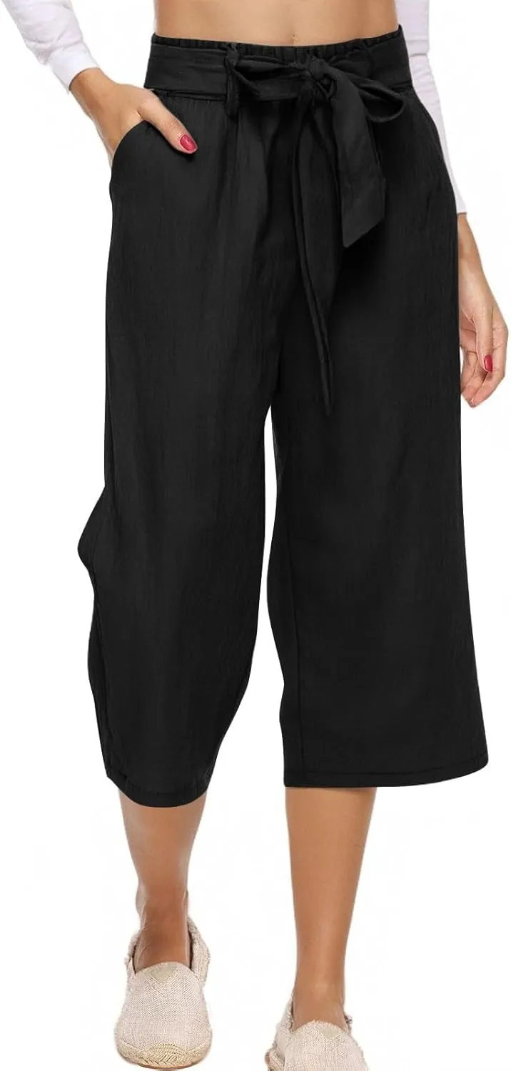 Capri Pants for Women Summer Casual Cotton Linen Straight Leg Pants 2025 Drawstring Elastic Waist Cropped Trouser