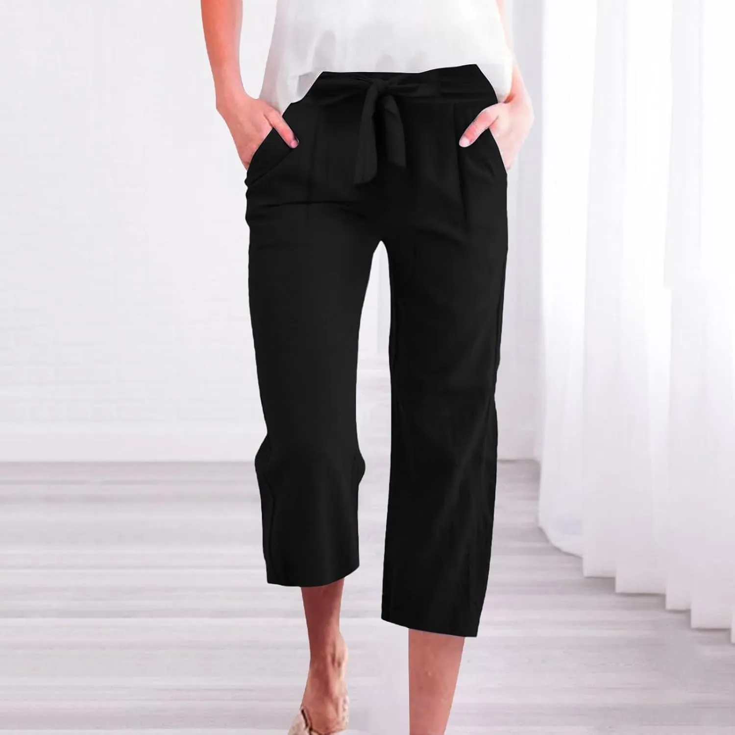 Capri Pants for Women Summer Casual Cotton Linen Straight Leg Pants 2025 Drawstring Elastic Waist Cropped Trouser