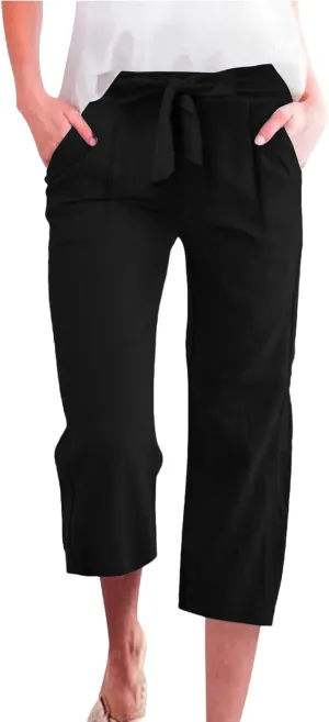 Capri Pants for Women Summer Casual Cotton Linen Straight Leg Pants 2025 Drawstring Elastic Waist Cropped Trouser