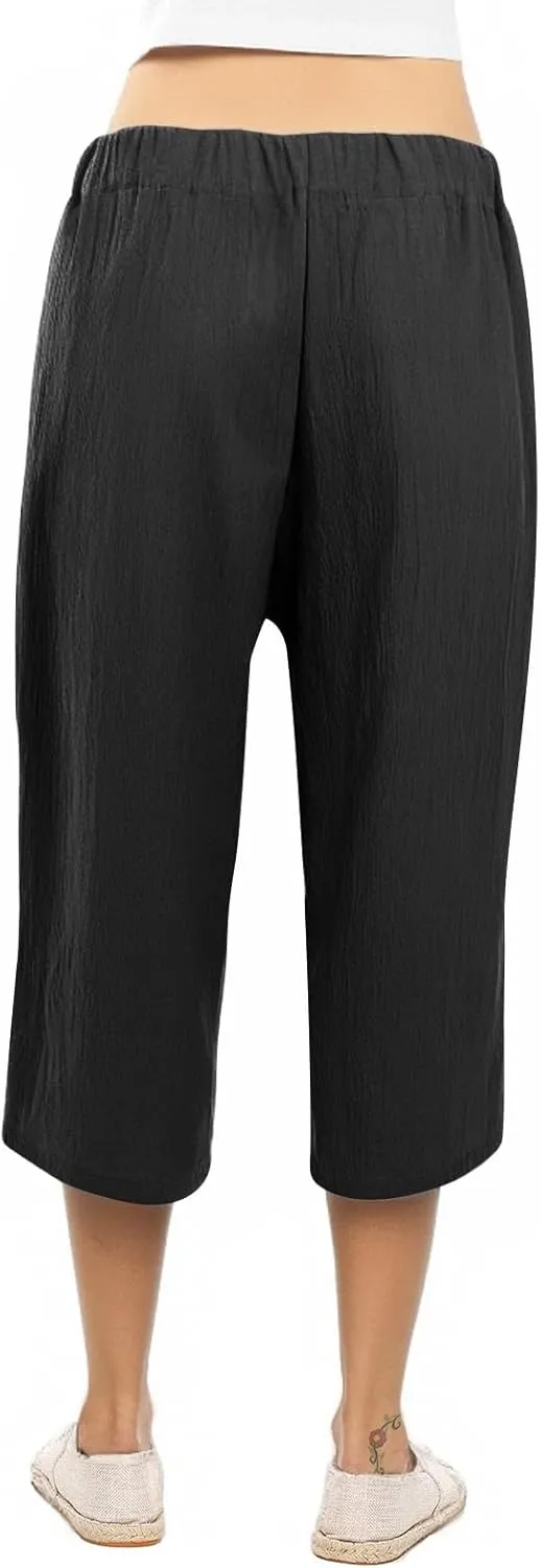 Capri Pants for Women Summer Casual Cotton Linen Straight Leg Pants 2025 Drawstring Elastic Waist Cropped Trouser