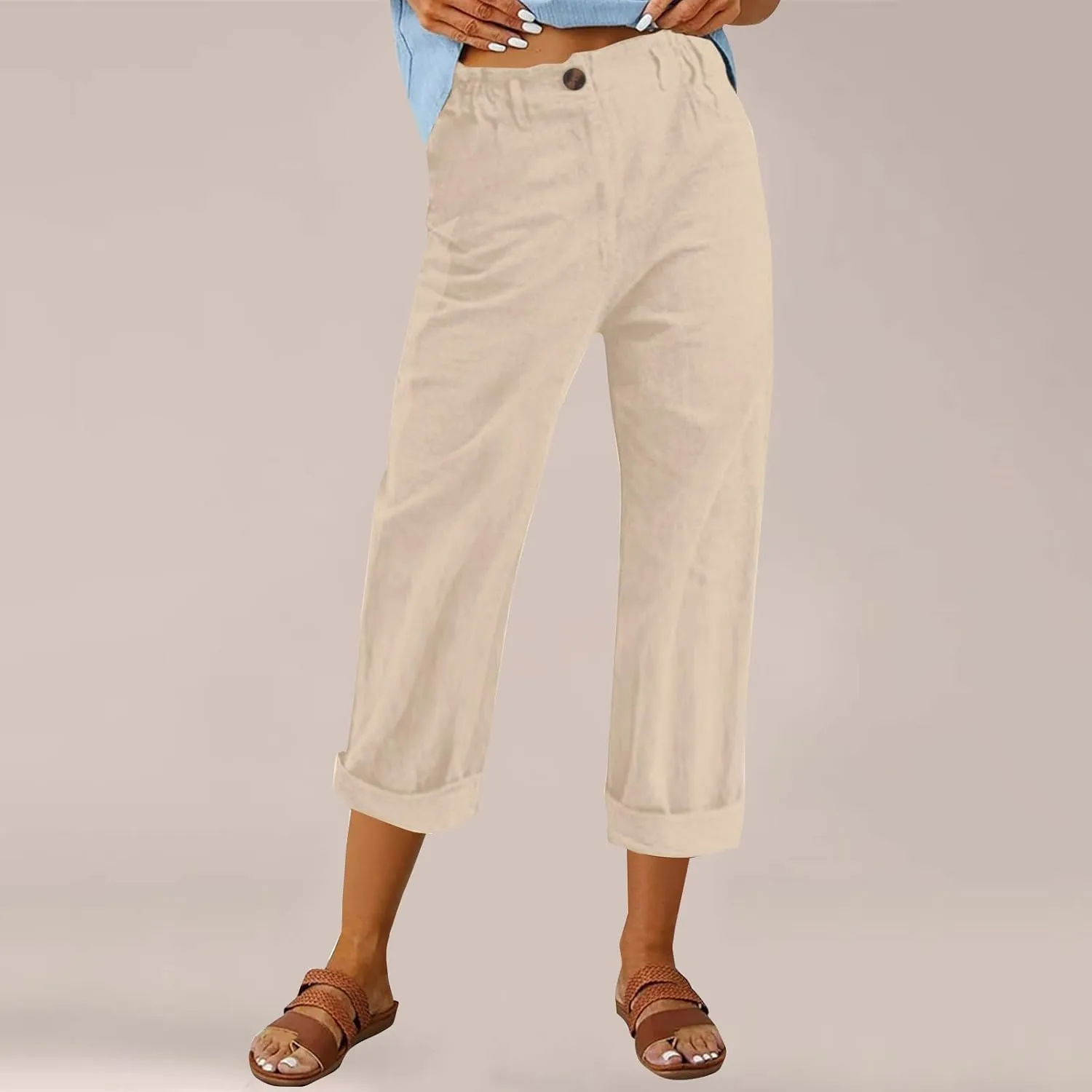 Casual Straight Leg Linen Pants for Women Lightweight Elastic Waist Lounge Pants Summer Beach Trousers with Pockets
