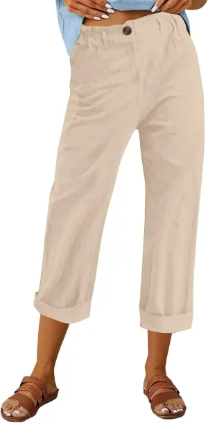 Casual Straight Leg Linen Pants for Women Lightweight Elastic Waist Lounge Pants Summer Beach Trousers with Pockets