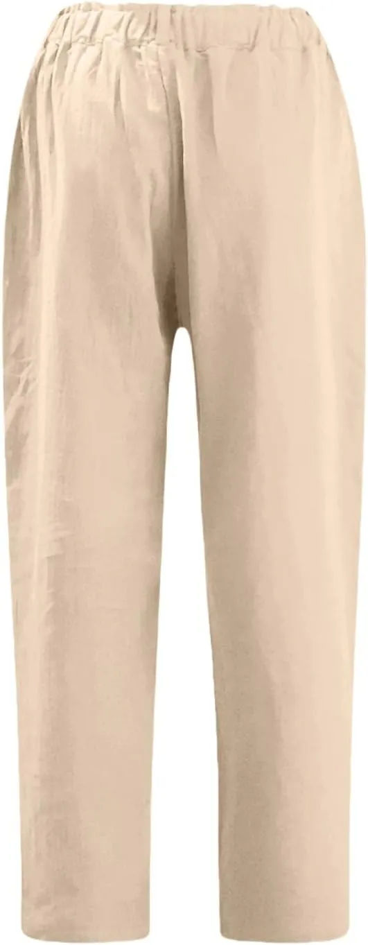 Casual Straight Leg Linen Pants for Women Lightweight Elastic Waist Lounge Pants Summer Beach Trousers with Pockets