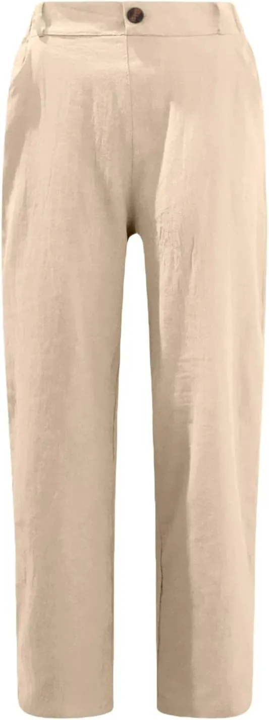 Casual Straight Leg Linen Pants for Women Lightweight Elastic Waist Lounge Pants Summer Beach Trousers with Pockets