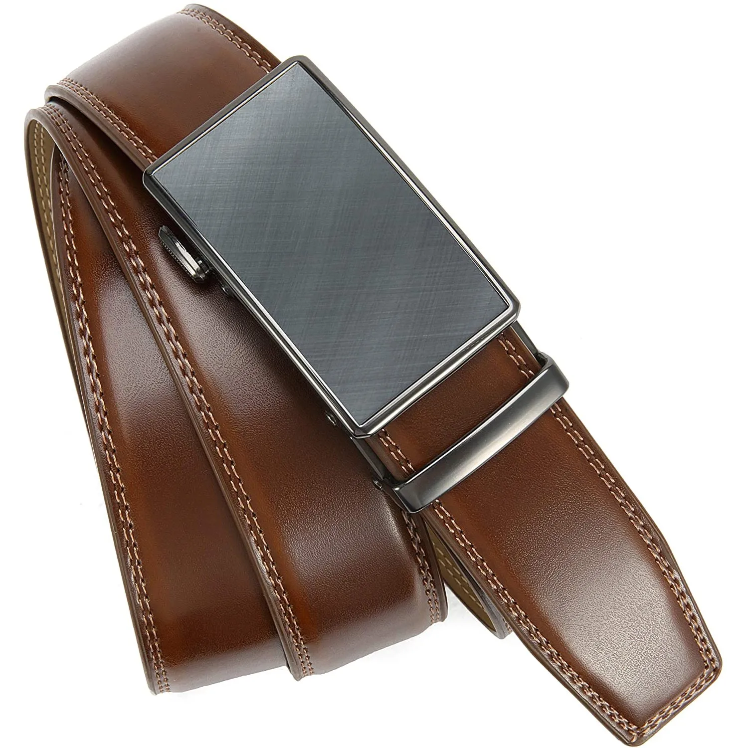 Chaoren Leather Ratchet Dress  Belt | with Automatic Slide | Charcoal Depiction Buckle - Cognac