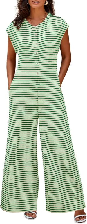 Cicy Bell Womens Casual Striped Jumpsuits Summer Cap Sleeve Wide Leg Jumper Romper Button Down Travel Beach Outfits