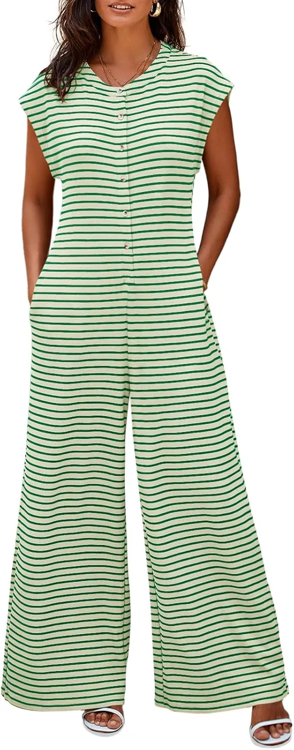 Cicy Bell Womens Casual Striped Jumpsuits Summer Cap Sleeve Wide Leg Jumper Romper Button Down Travel Beach Outfits
