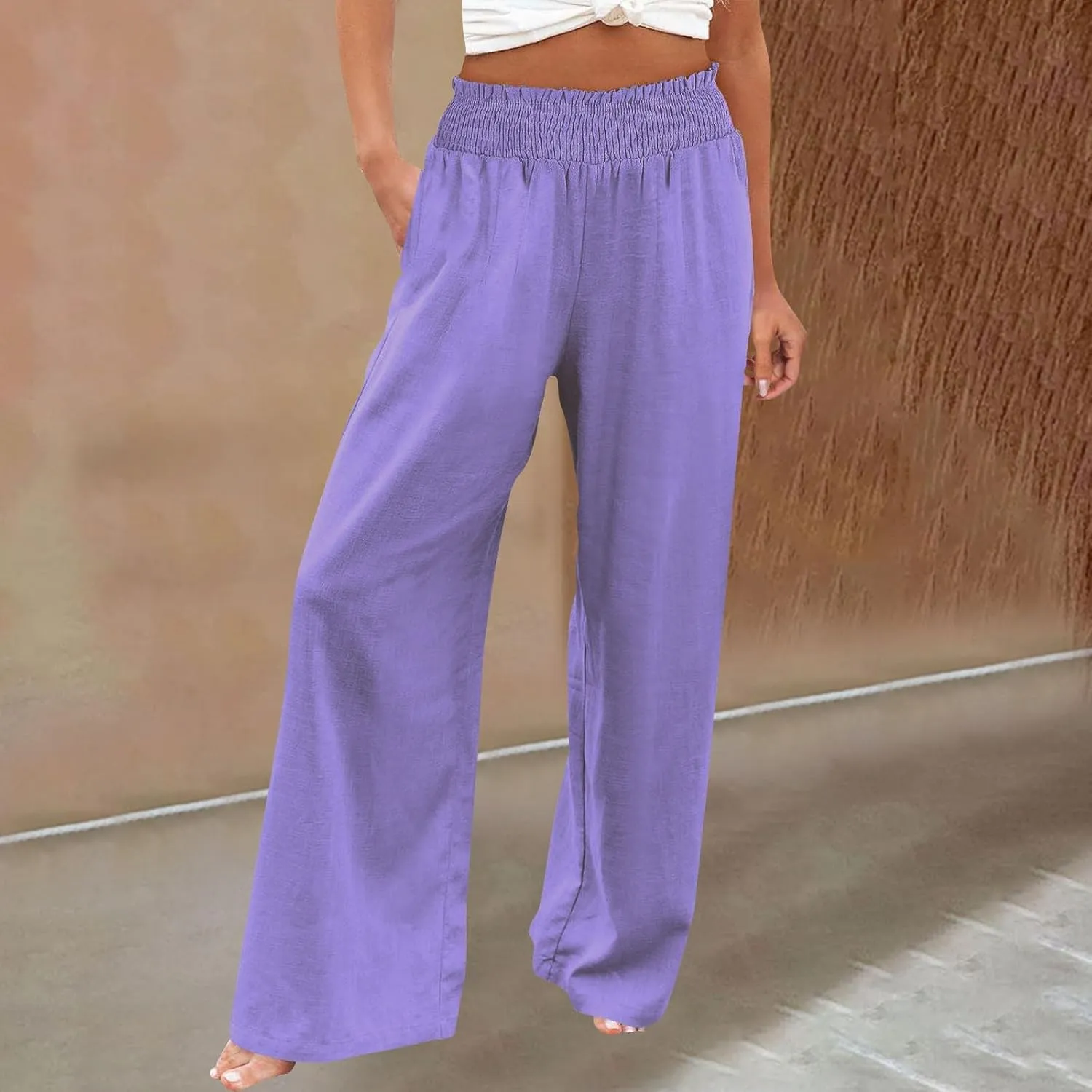 Clothes for Women Women Linen Palazzo Pants Wide Leg High Waist Summer Casual Boho Trousers Travel