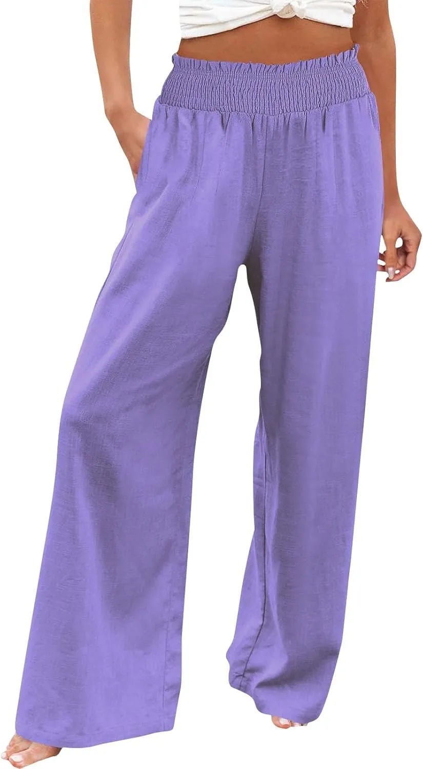 Clothes for Women Women Linen Palazzo Pants Wide Leg High Waist Summer Casual Boho Trousers Travel