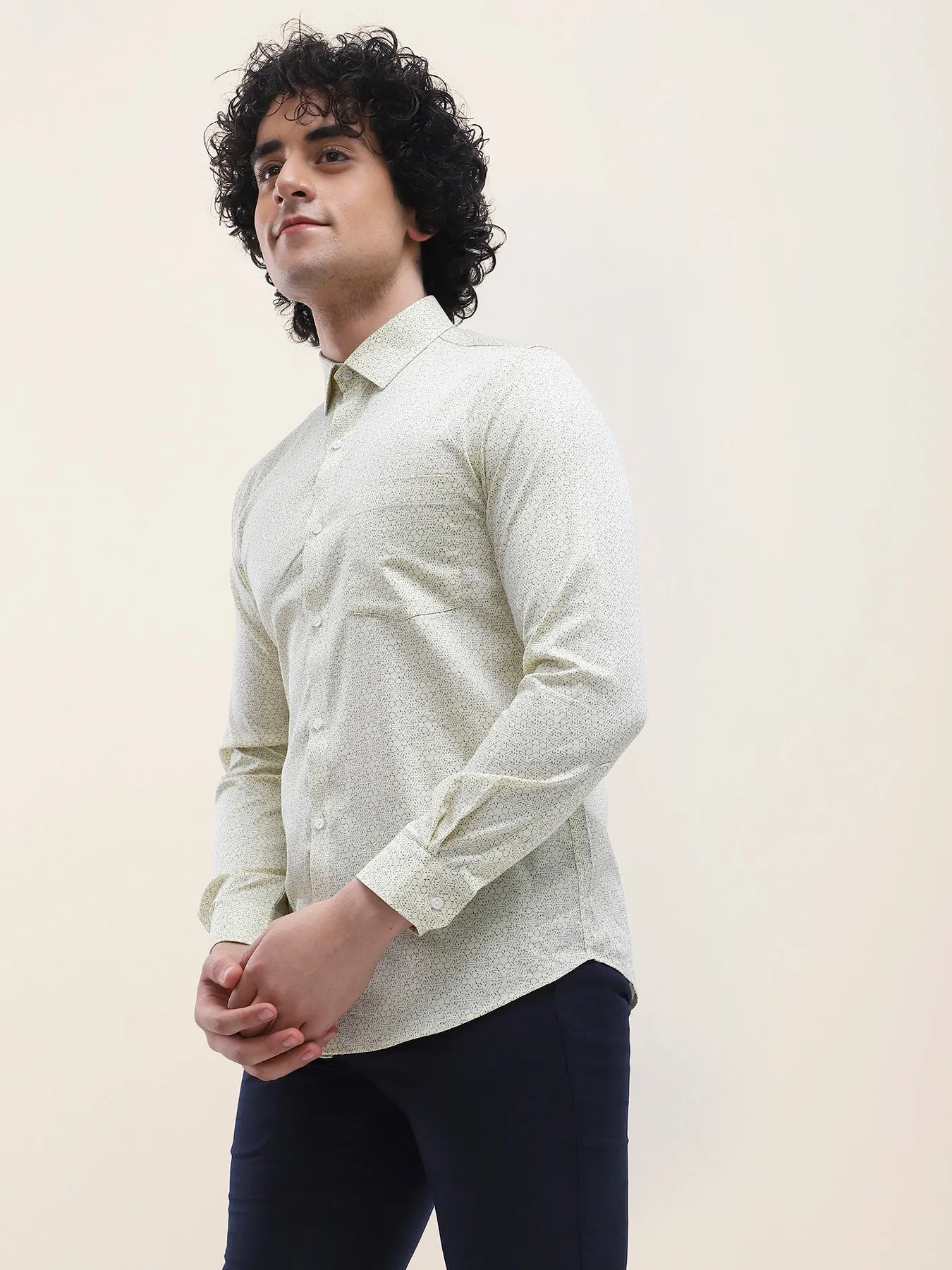 Cotton Cream Printed Full Sleeve Formal Shirt