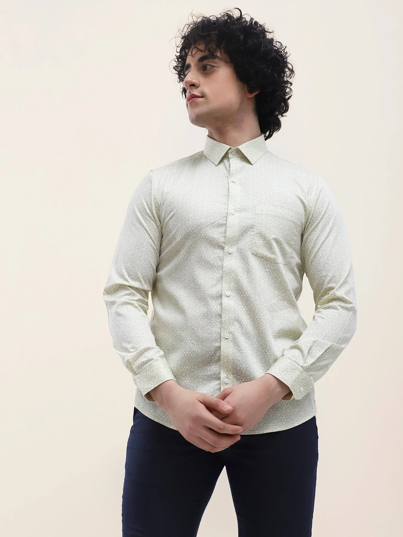 Cotton Cream Printed Full Sleeve Formal Shirt