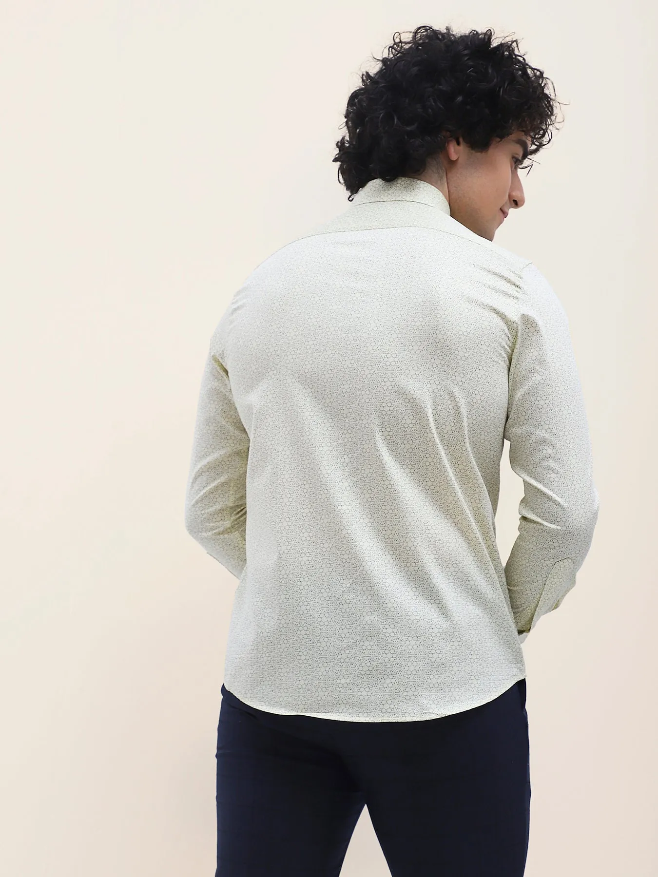 Cotton Cream Printed Full Sleeve Formal Shirt