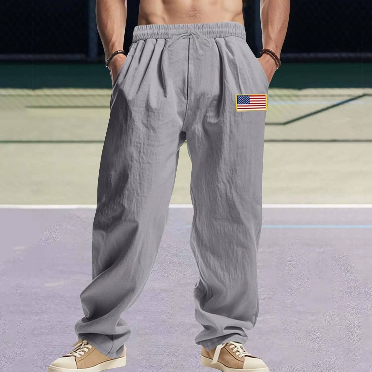 Cotton Linen Cargo Pants Men Baggy Elastic Waist Sweatpants Relaxed Fit Lightweight Wide Leg Pants Hip Hop Trousers