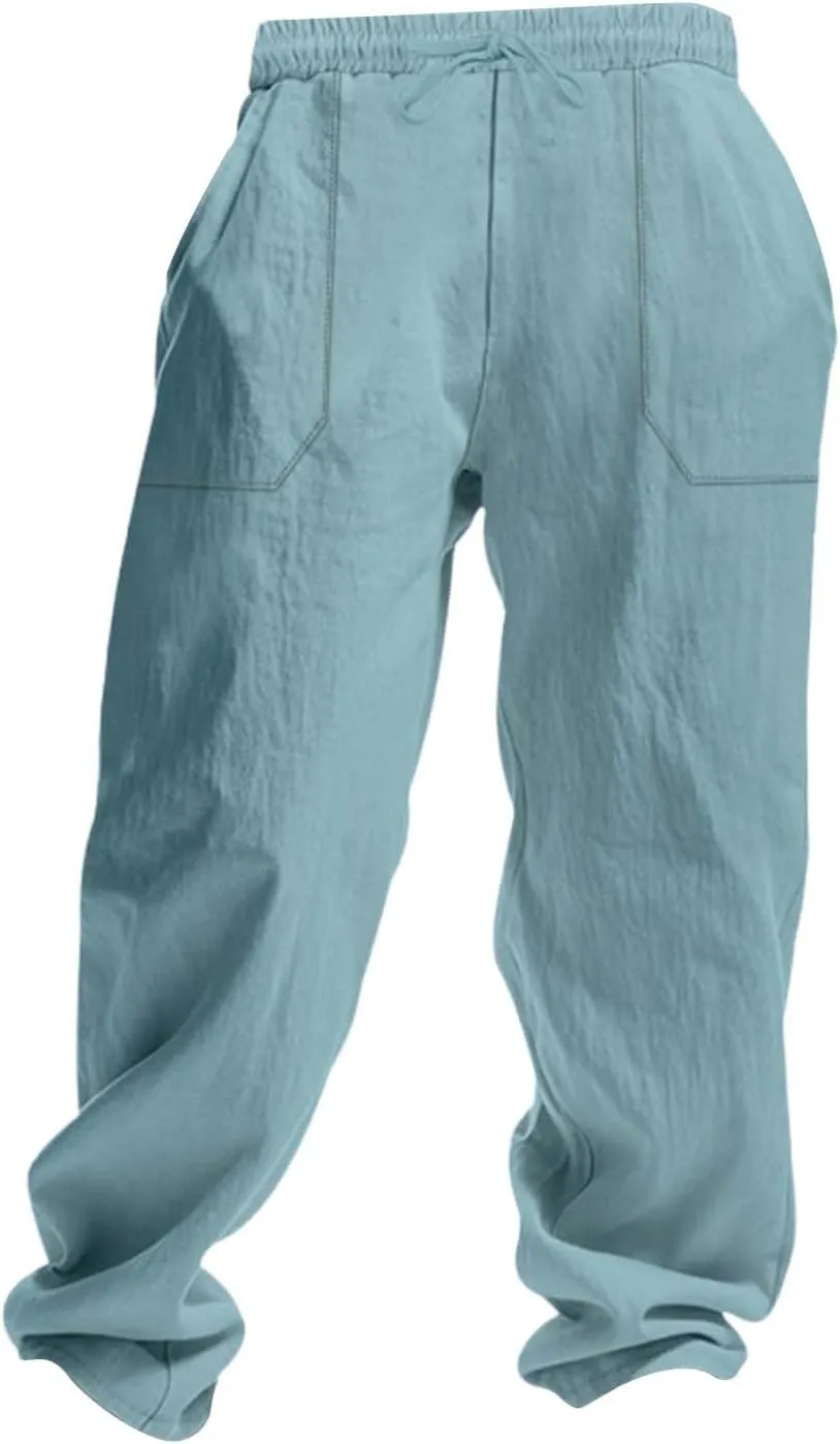 Cotton Linen Cargo Pants Men Baggy Elastic Waist Sweatpants Relaxed Fit Lightweight Wide Leg Pants Hip Hop Trousers