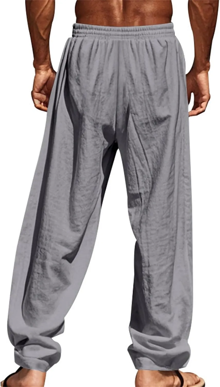 Cotton Linen Cargo Pants Men Baggy Elastic Waist Sweatpants Relaxed Fit Lightweight Wide Leg Pants Hip Hop Trousers