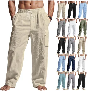 Cotton Linen Cargo Pants Men Baggy Elastic Waist Sweatpants Relaxed Fit Lightweight Wide Leg Pants Hip Hop Trousers