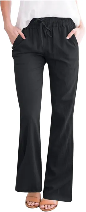 Cotton Linen Pants Women Summer Drawstring High Waisted Linen Palazzo Pants Wide Leg Lounge Pant Casual Beach Trousers