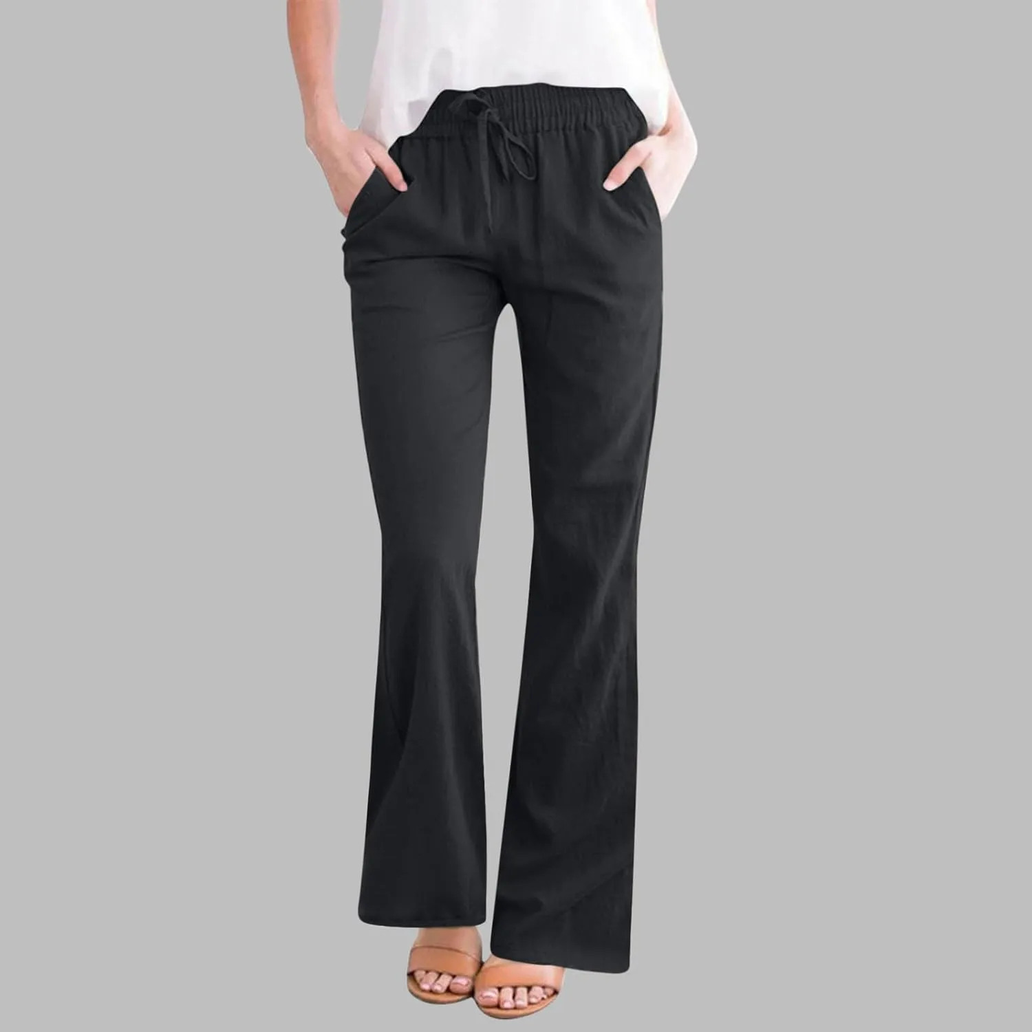 Cotton Linen Pants Women Summer Drawstring High Waisted Linen Palazzo Pants Wide Leg Lounge Pant Casual Beach Trousers