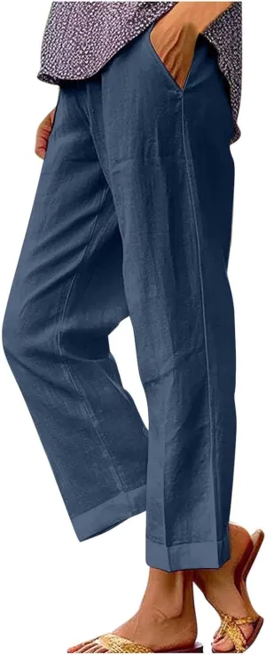 Cropped Linen Pants for Women Casual Lightweight Summer Pant Elastic Waist Plus Size Hiking Beach Trousers with Pocket