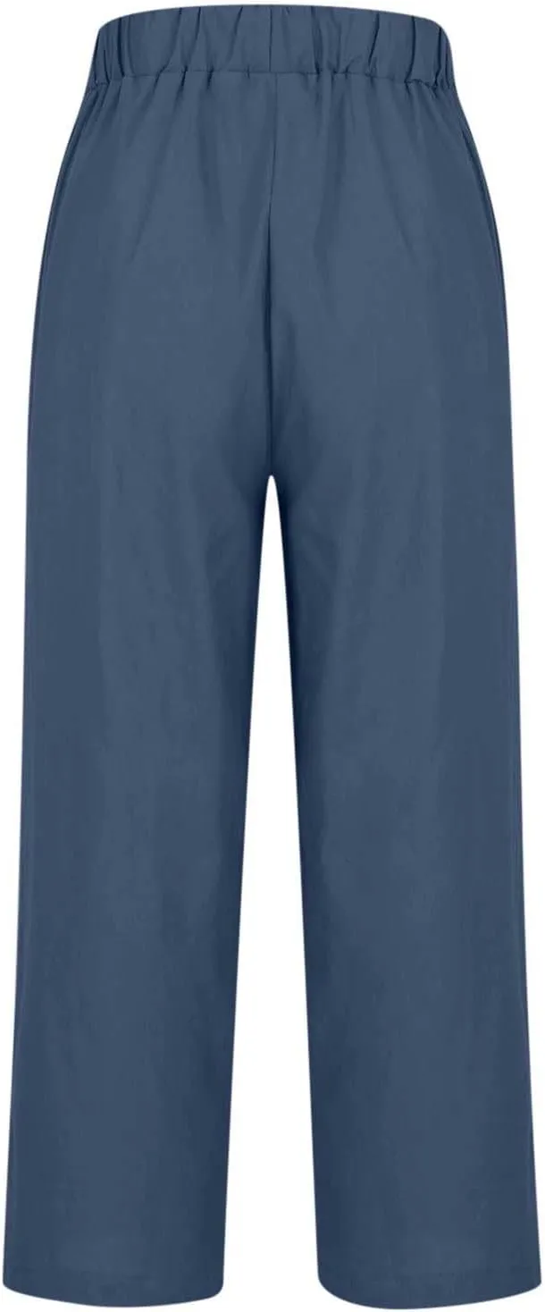 Cropped Linen Pants for Women Casual Lightweight Summer Pant Elastic Waist Plus Size Hiking Beach Trousers with Pocket