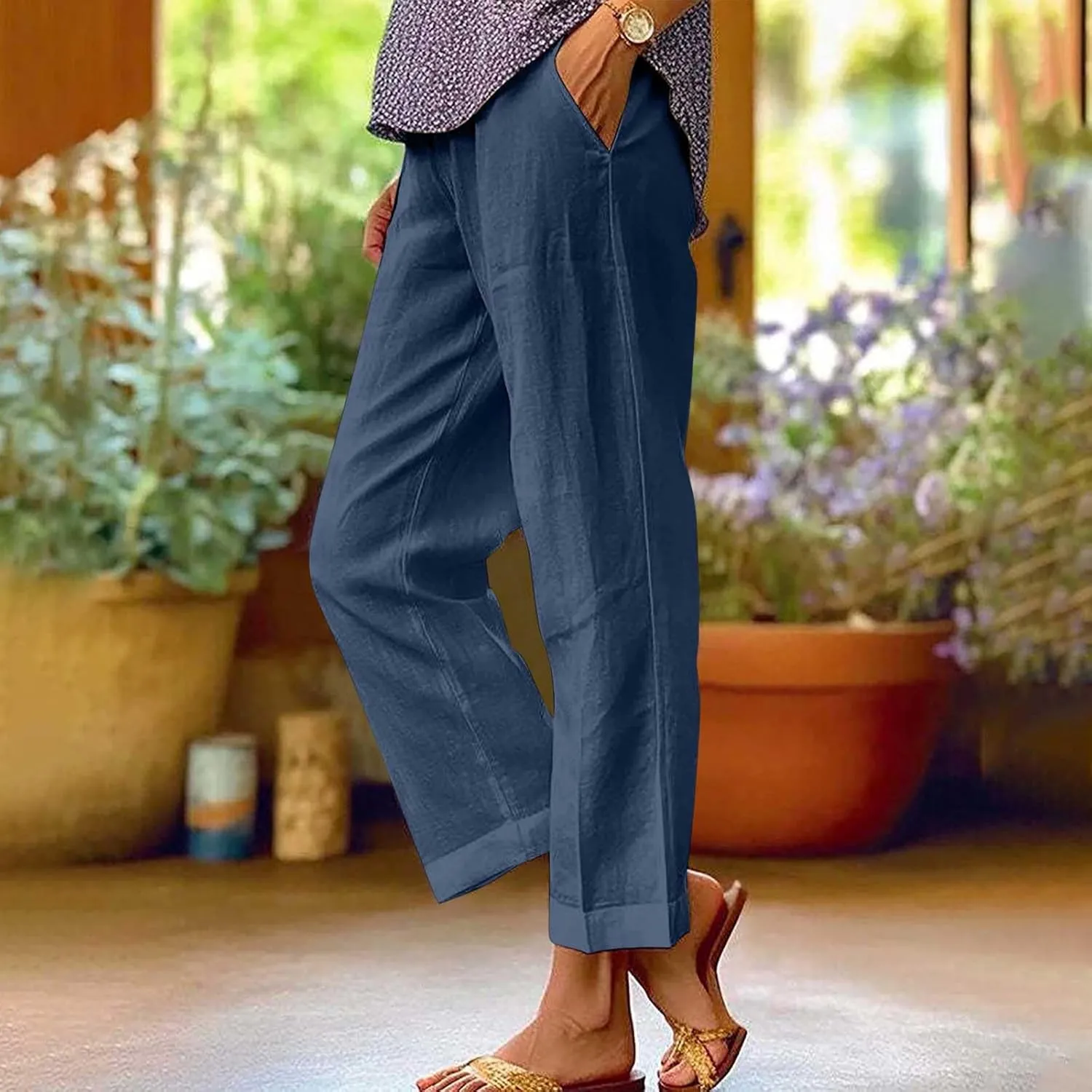 Cropped Linen Pants for Women Casual Lightweight Summer Pant Elastic Waist Plus Size Hiking Beach Trousers with Pocket