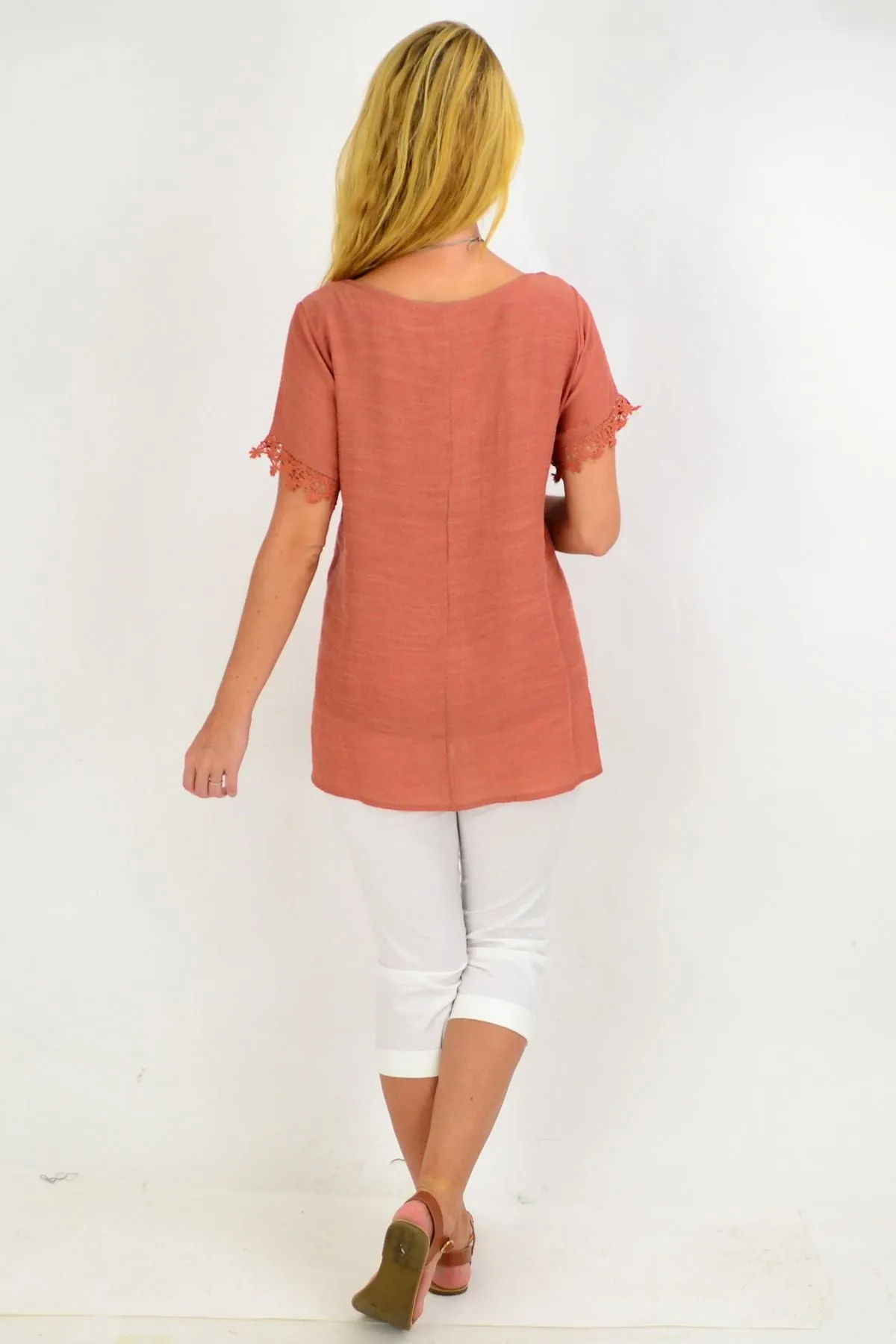 Dark Salmon Lace Trim Tunic Top
