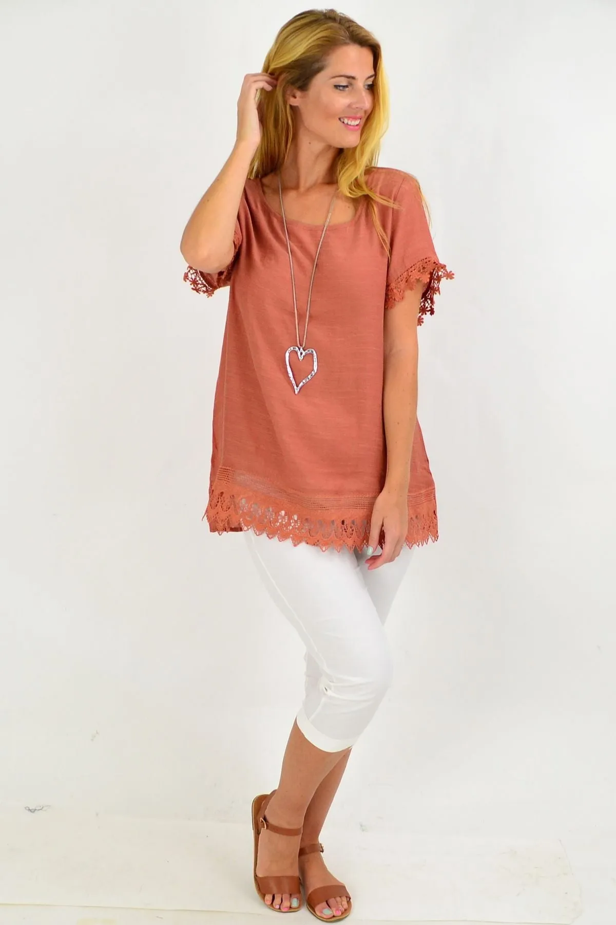 Dark Salmon Lace Trim Tunic Top