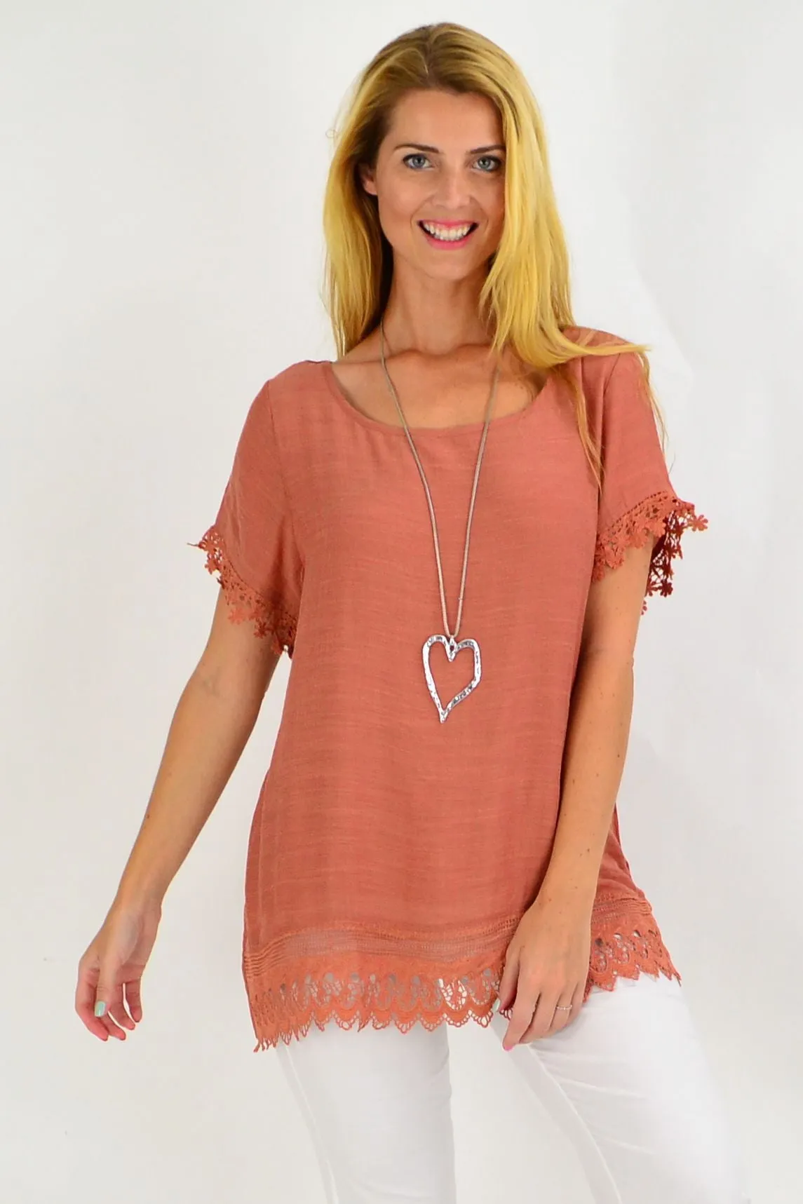 Dark Salmon Lace Trim Tunic Top