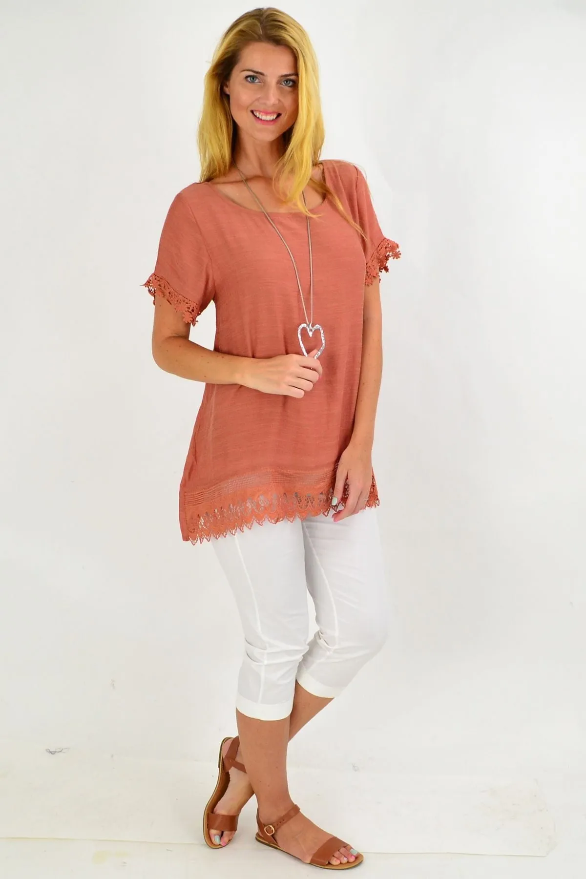 Dark Salmon Lace Trim Tunic Top