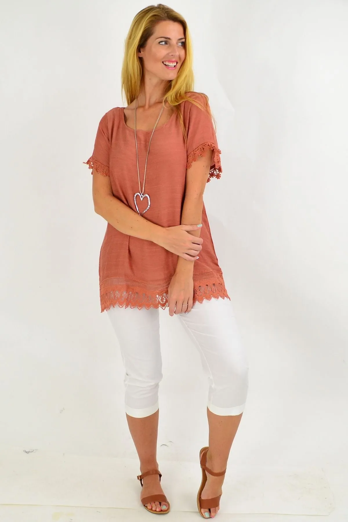 Dark Salmon Lace Trim Tunic Top