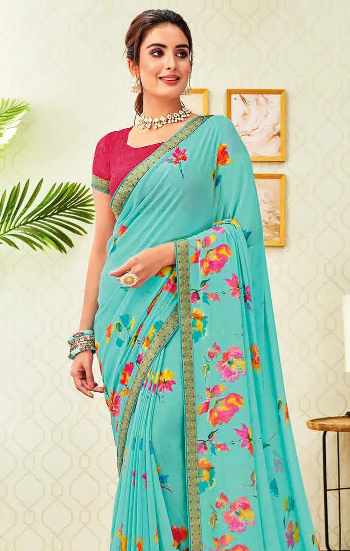 Designer Sea Green Georgette Printed Saree for Casual Wear (D507)
