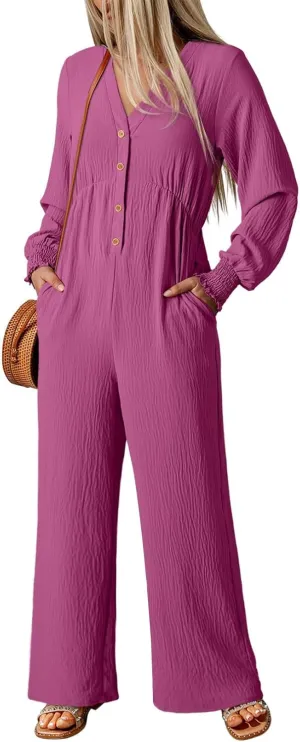 Dokotoo Womens Jumpsuits V-Neck Button Up Lantern Sleeve High Waist Wide Leg Rompers Loose Casual Jumpsuits with Pockets