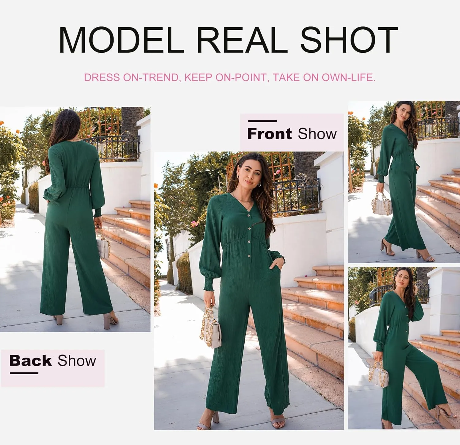 Dokotoo Womens Jumpsuits V-Neck Button Up Lantern Sleeve High Waist Wide Leg Rompers Loose Casual Jumpsuits with Pockets