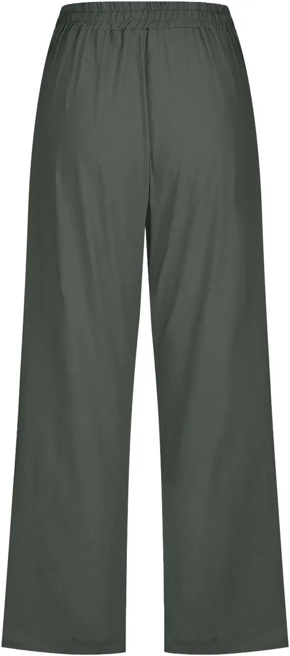 Drawstring Capris for Women Summer Wide Leg Ankle Pants Lightweight Cotton Linen Capri Pants Loose Cropped Trousers