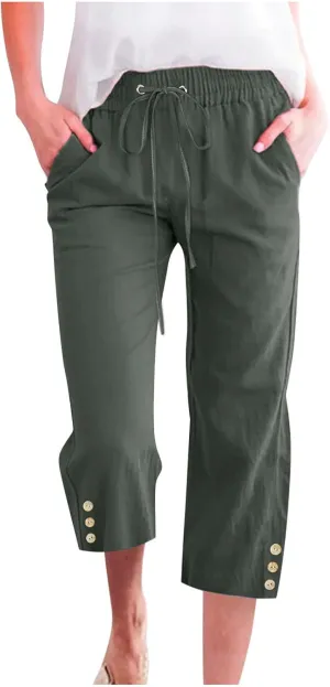Drawstring Capris for Women Summer Wide Leg Ankle Pants Lightweight Cotton Linen Capri Pants Loose Cropped Trousers