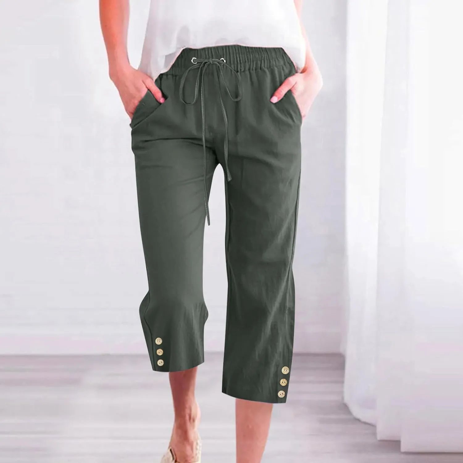 Drawstring Capris for Women Summer Wide Leg Ankle Pants Lightweight Cotton Linen Capri Pants Loose Cropped Trousers