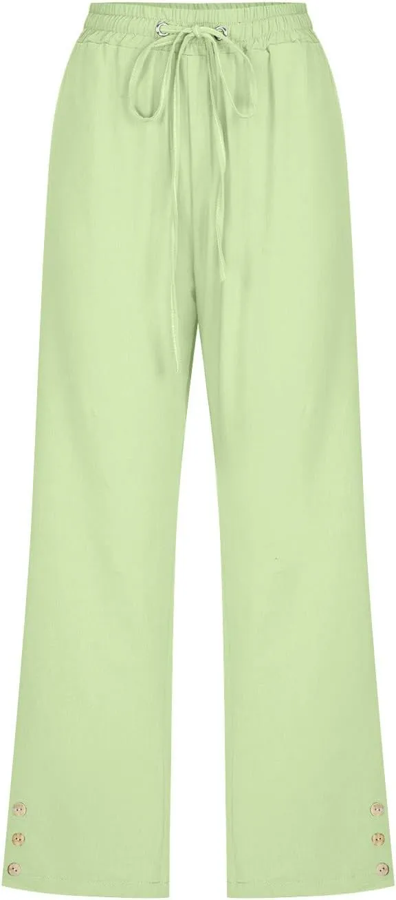 Drawstring Capris for Women Summer Wide Leg Ankle Pants Lightweight Cotton Linen Capri Pants Loose Cropped Trousers