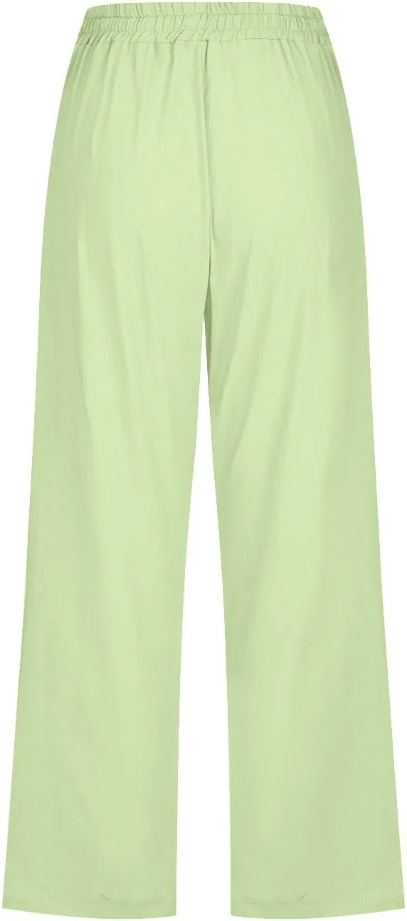 Drawstring Capris for Women Summer Wide Leg Ankle Pants Lightweight Cotton Linen Capri Pants Loose Cropped Trousers