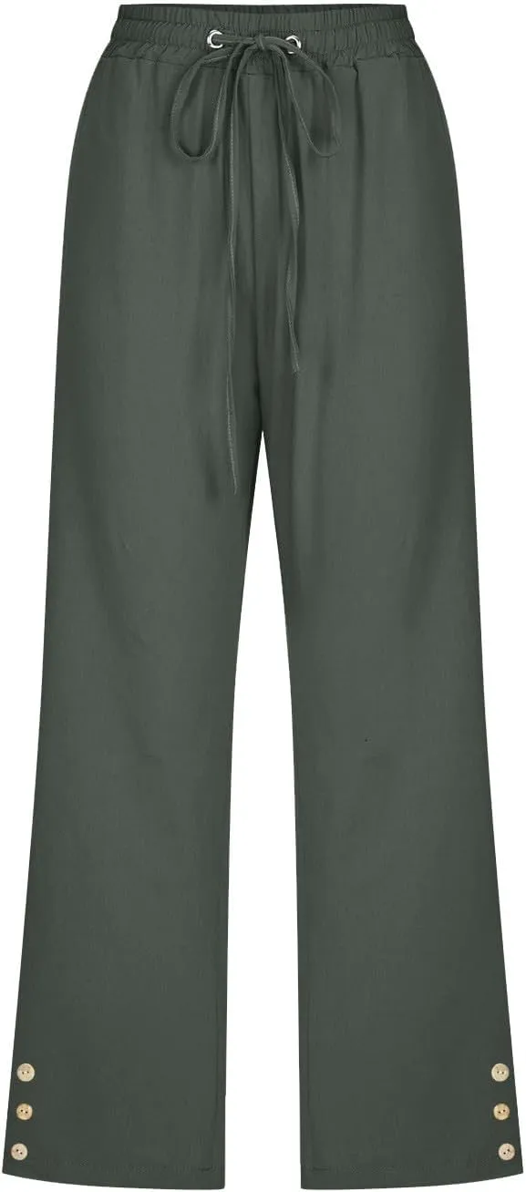 Drawstring Capris for Women Summer Wide Leg Ankle Pants Lightweight Cotton Linen Capri Pants Loose Cropped Trousers
