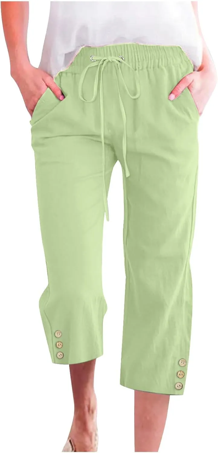 Drawstring Capris for Women Summer Wide Leg Ankle Pants Lightweight Cotton Linen Capri Pants Loose Cropped Trousers
