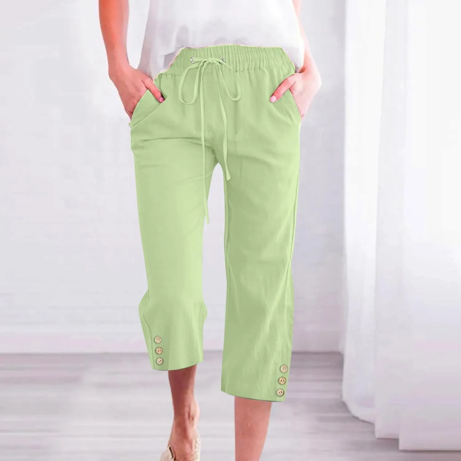 Drawstring Capris for Women Summer Wide Leg Ankle Pants Lightweight Cotton Linen Capri Pants Loose Cropped Trousers