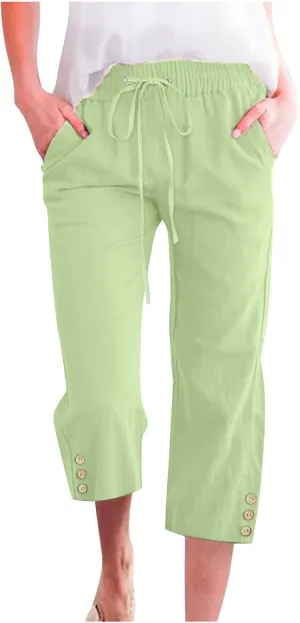 Drawstring Capris for Women Summer Wide Leg Ankle Pants Lightweight Cotton Linen Capri Pants Loose Cropped Trousers