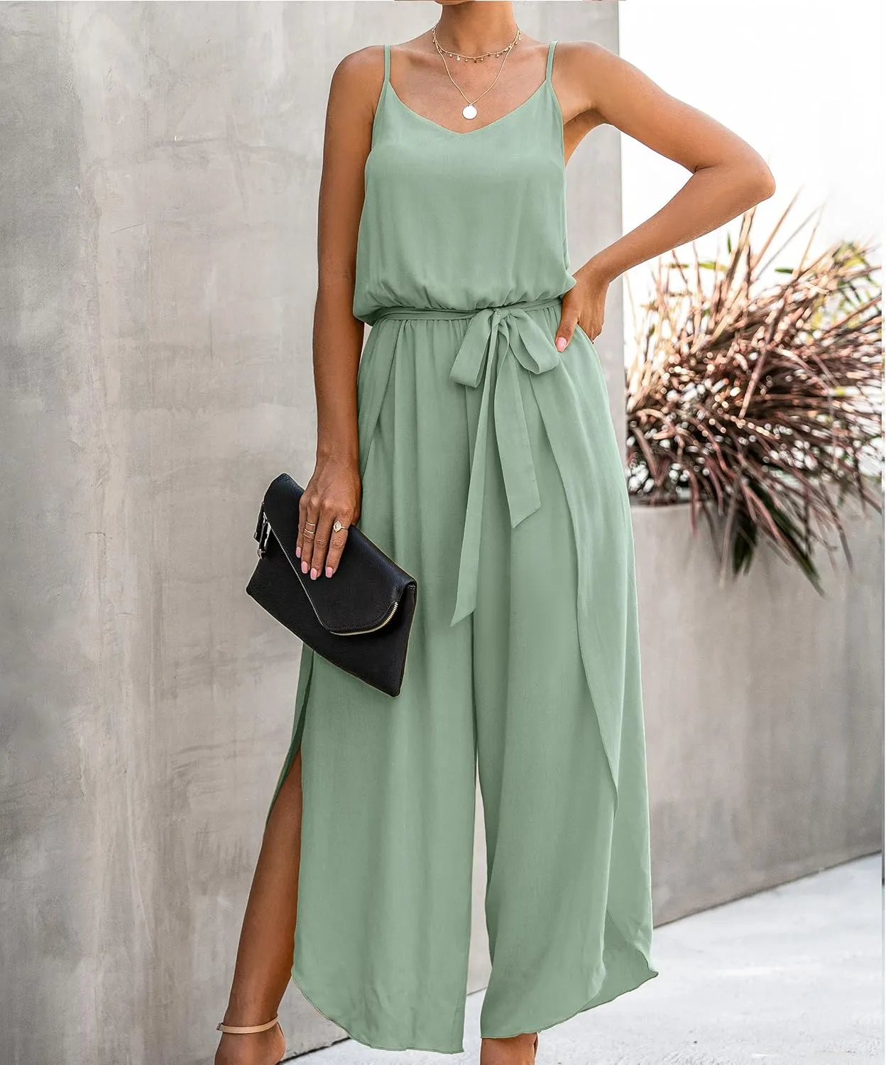 ECOWISH Womens Jumpsuit Spaghetti Strap Wide Leg Split Jumpsuits Long Overalls Summer Beach Loose Fit Rompers