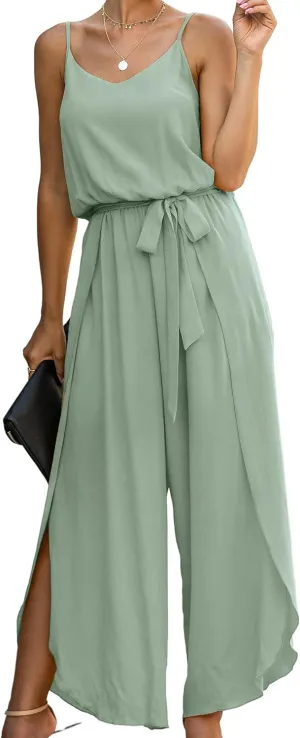 ECOWISH Womens Jumpsuit Spaghetti Strap Wide Leg Split Jumpsuits Long Overalls Summer Beach Loose Fit Rompers